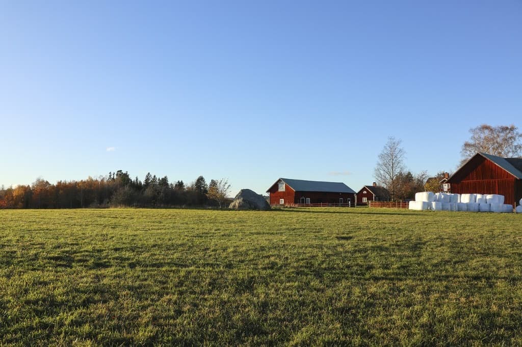 Röd gård och ängslandskap i Östergötland