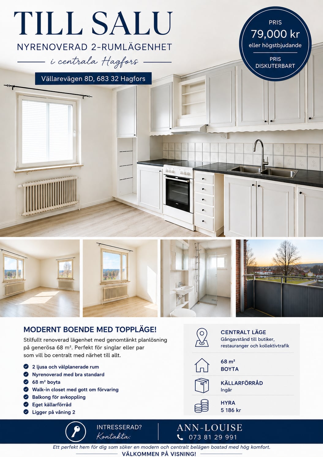 Ljus och fin 2:a om 68 m² med balkong – centralt i Hagfors
