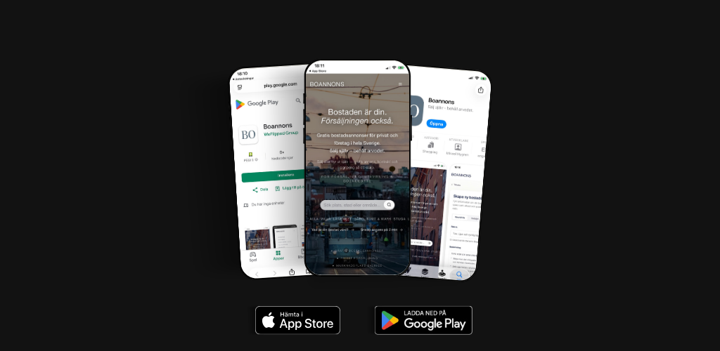 Boannons-appen på iPhone og Android, med download fra App Store og Google Play.